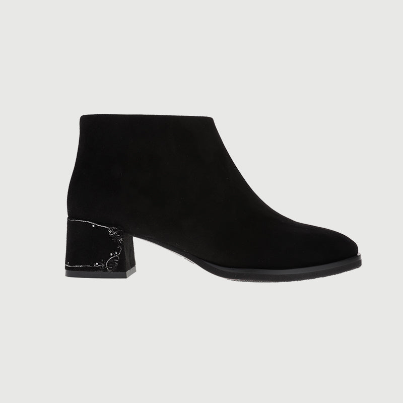 Goat Suede Ankle Boots with Embroidered Heels