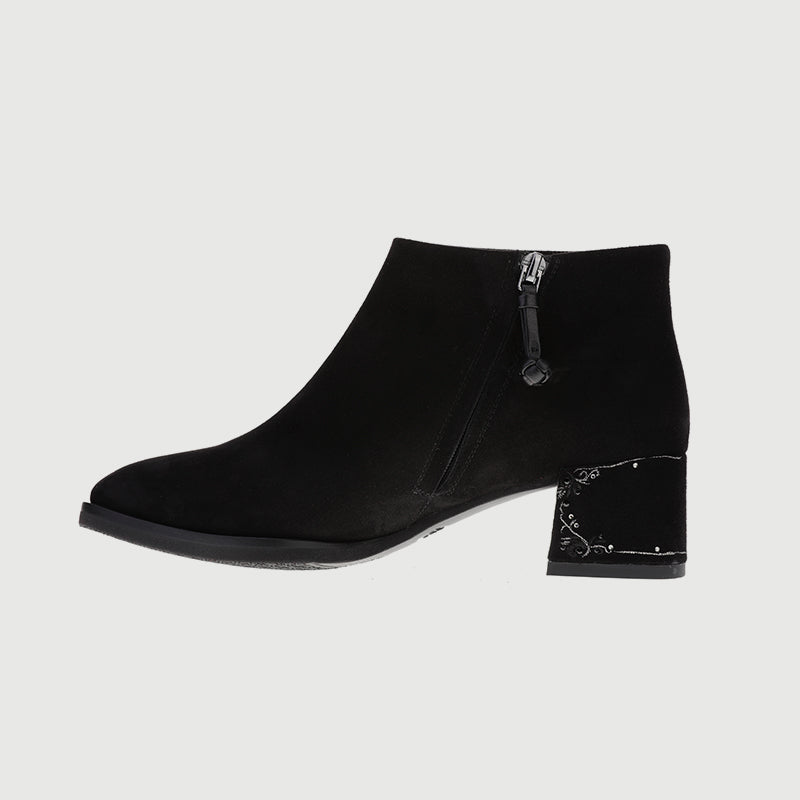 Goat Suede Ankle Boots with Embroidered Heels