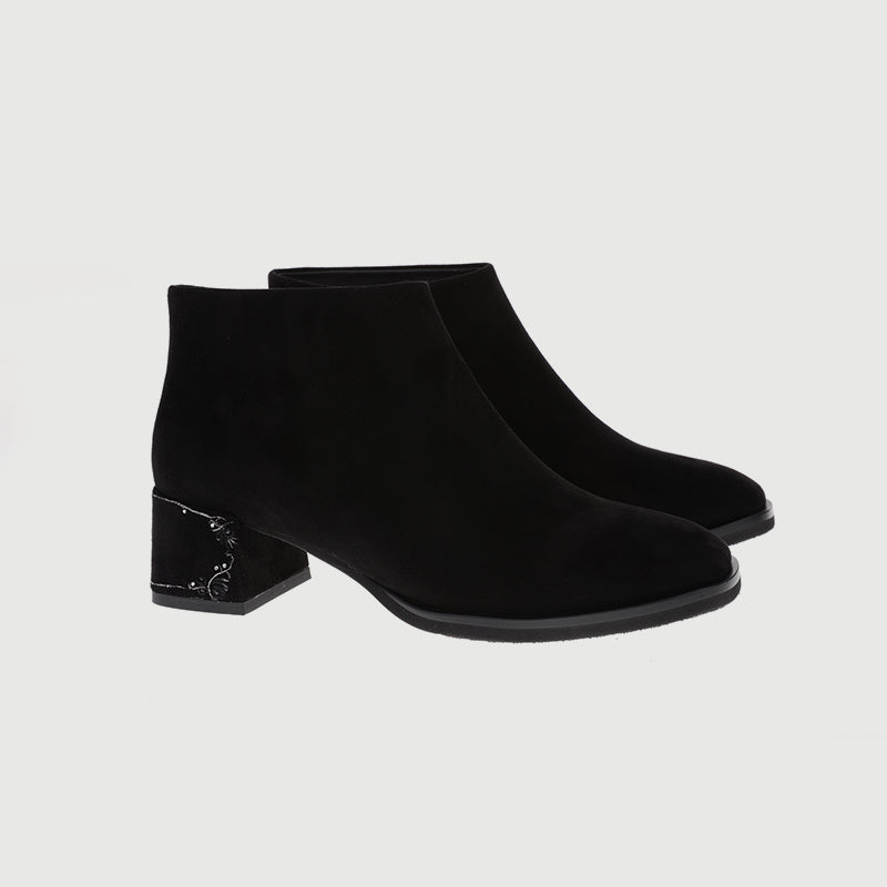 Goat Suede Ankle Boots with Embroidered Heels